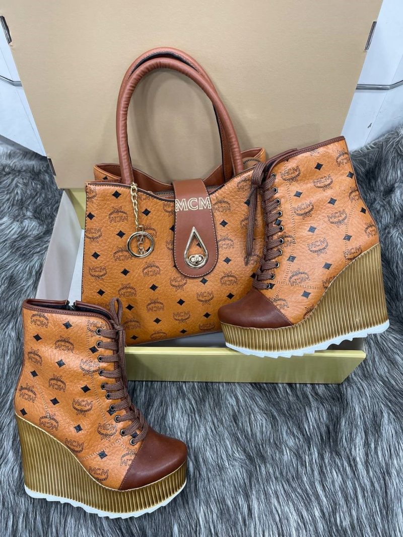 MCM Leather Wedge Boots with Matching Handbag